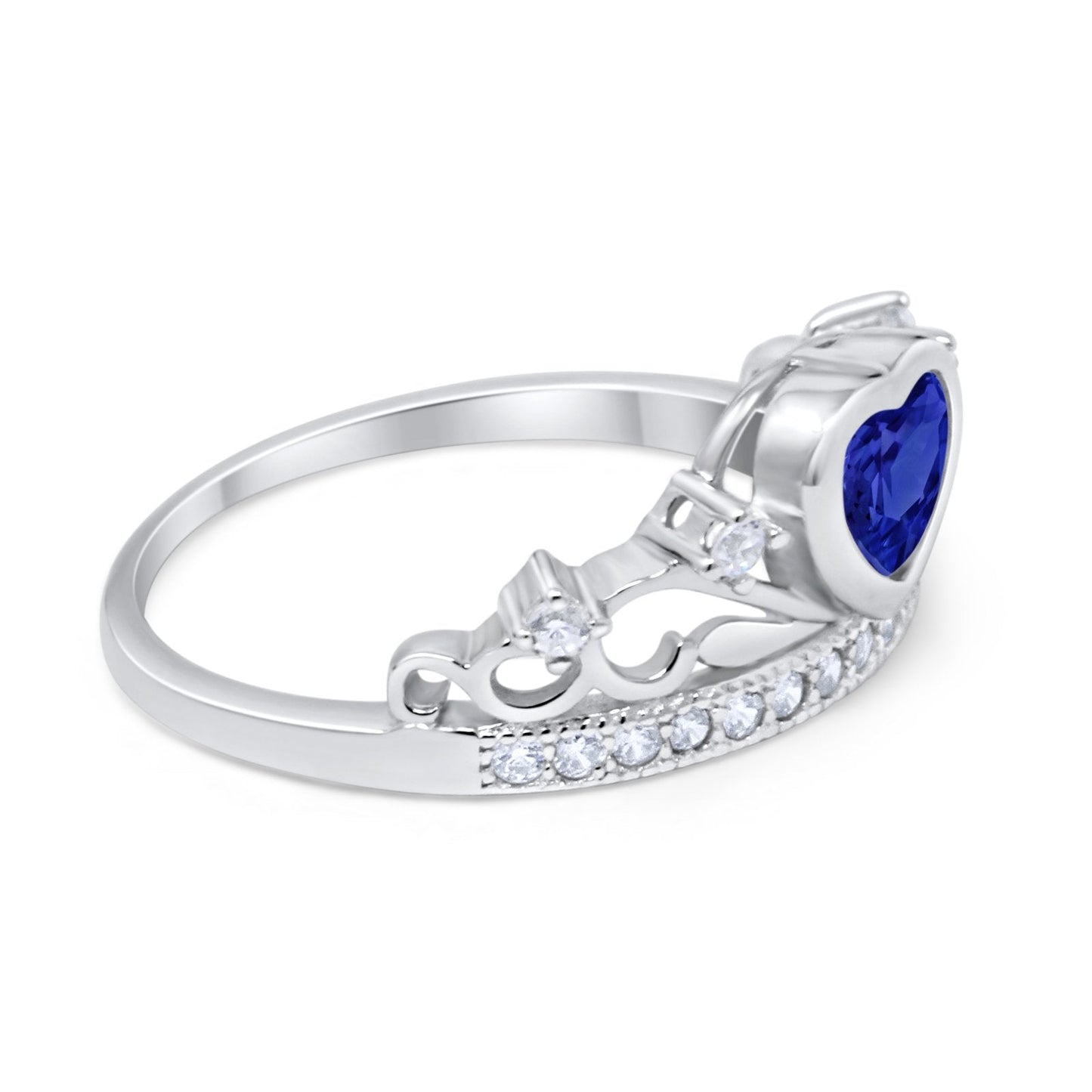 Heart Crown Ring Eternity Simulated Blue Sapphire CZ Round