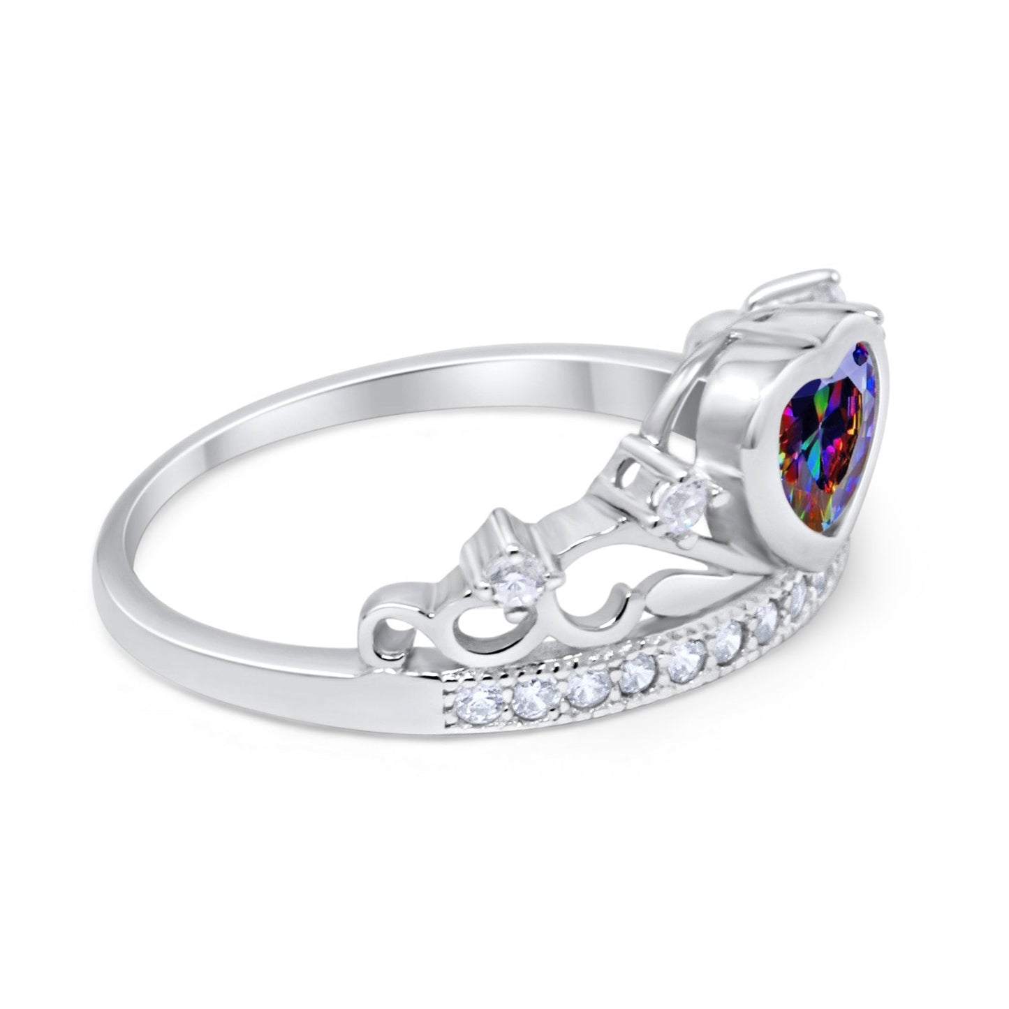 Heart Crown Ring Eternity Simulated Rainbow CZ