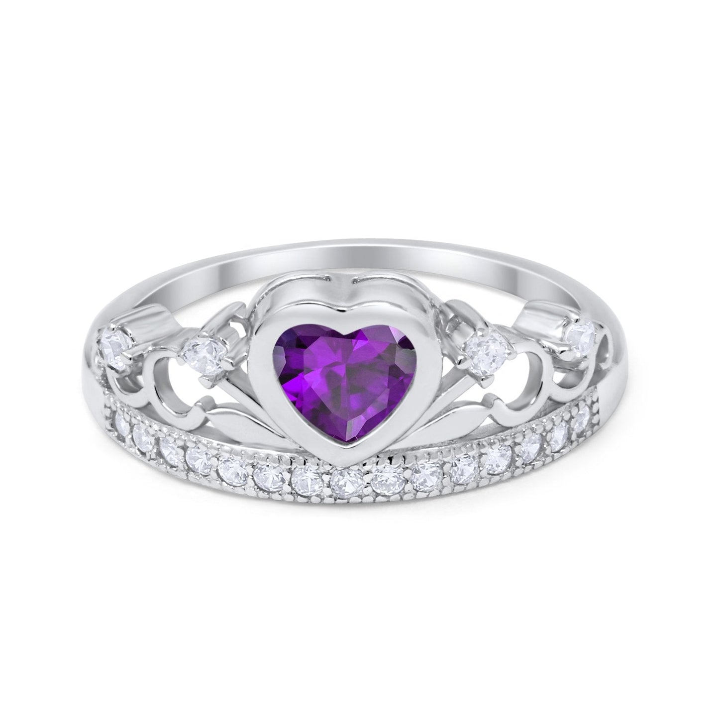 Heart Crown Ring Eternity Simulated Amethyst CZ