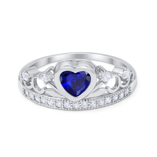 Heart Crown Ring Eternity Simulated Blue Sapphire CZ Round