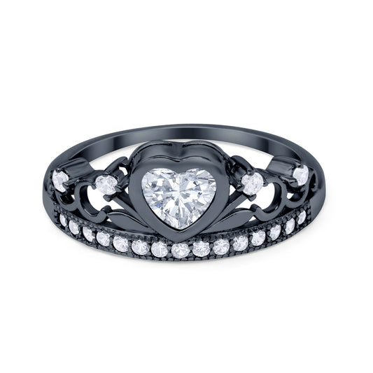 Heart Crown Ring Eternity Black Tone, Simulated Cubic Zirconia