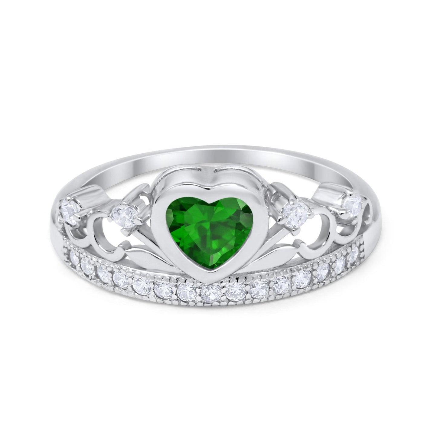 Heart Crown Ring Eternity Simulated Green Emerald CZ