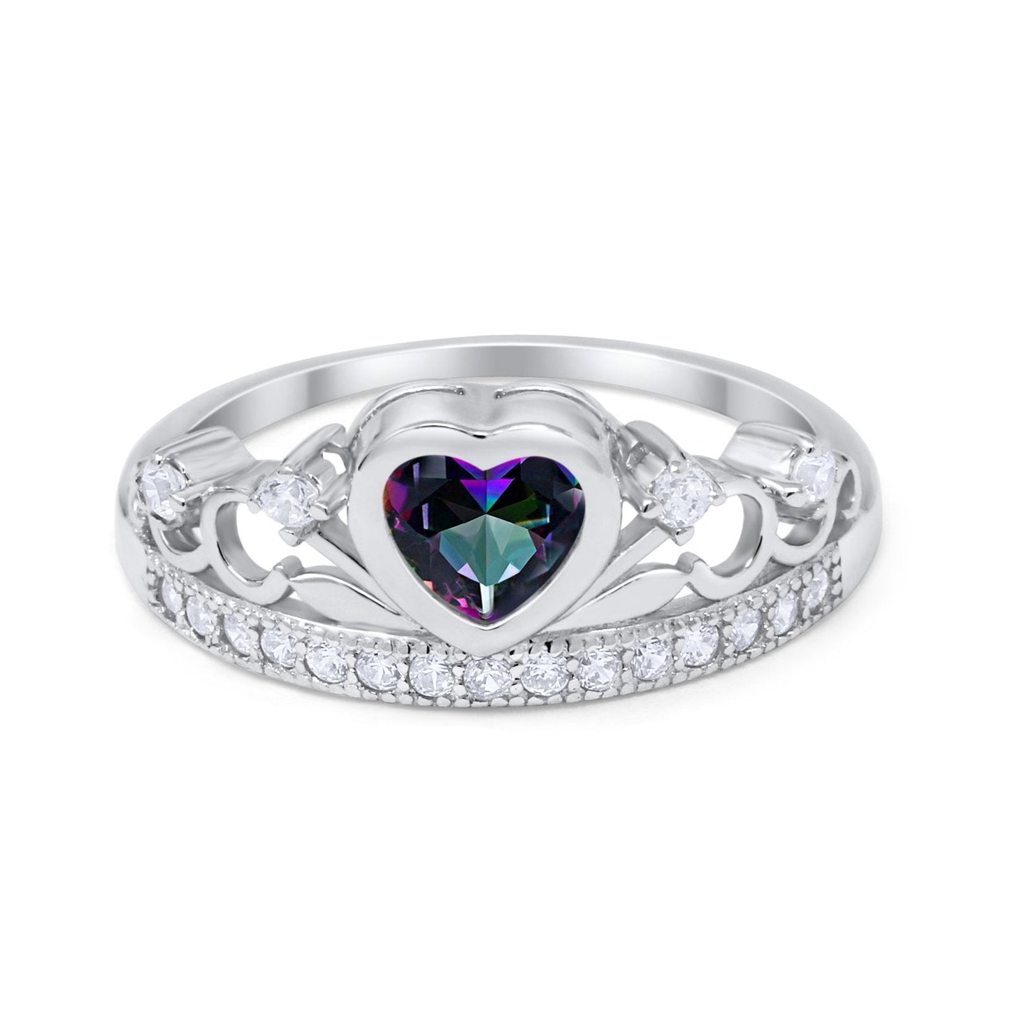 Heart Crown Ring Eternity Simulated Rainbow CZ