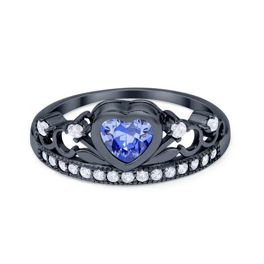 Heart Crown Ring Eternity Black Tone, Simulated Tanzanite CZ