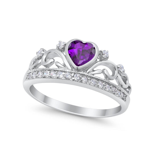 Heart Crown Ring Eternity Simulated Amethyst CZ