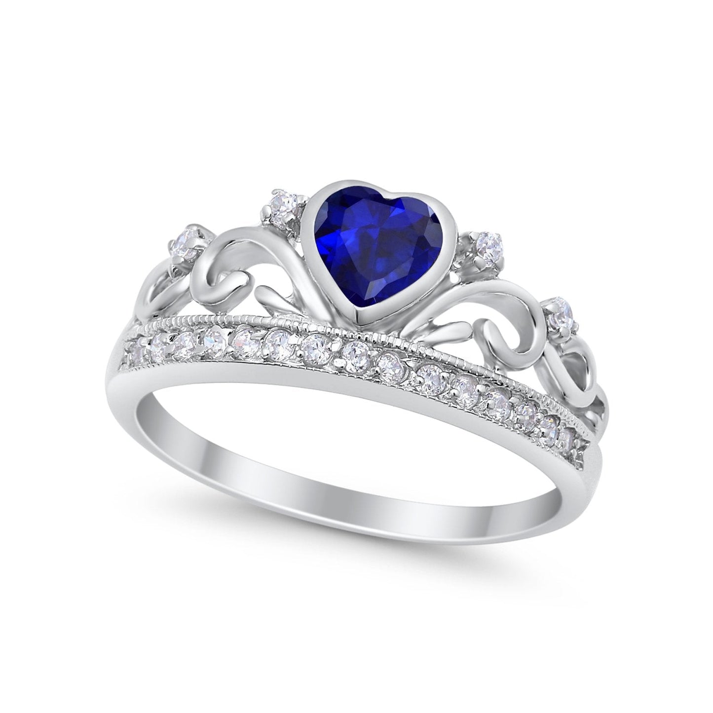 Heart Crown Ring Eternity Simulated Blue Sapphire CZ Round