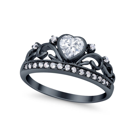 Heart Crown Ring Eternity Black Tone, Simulated Cubic Zirconia