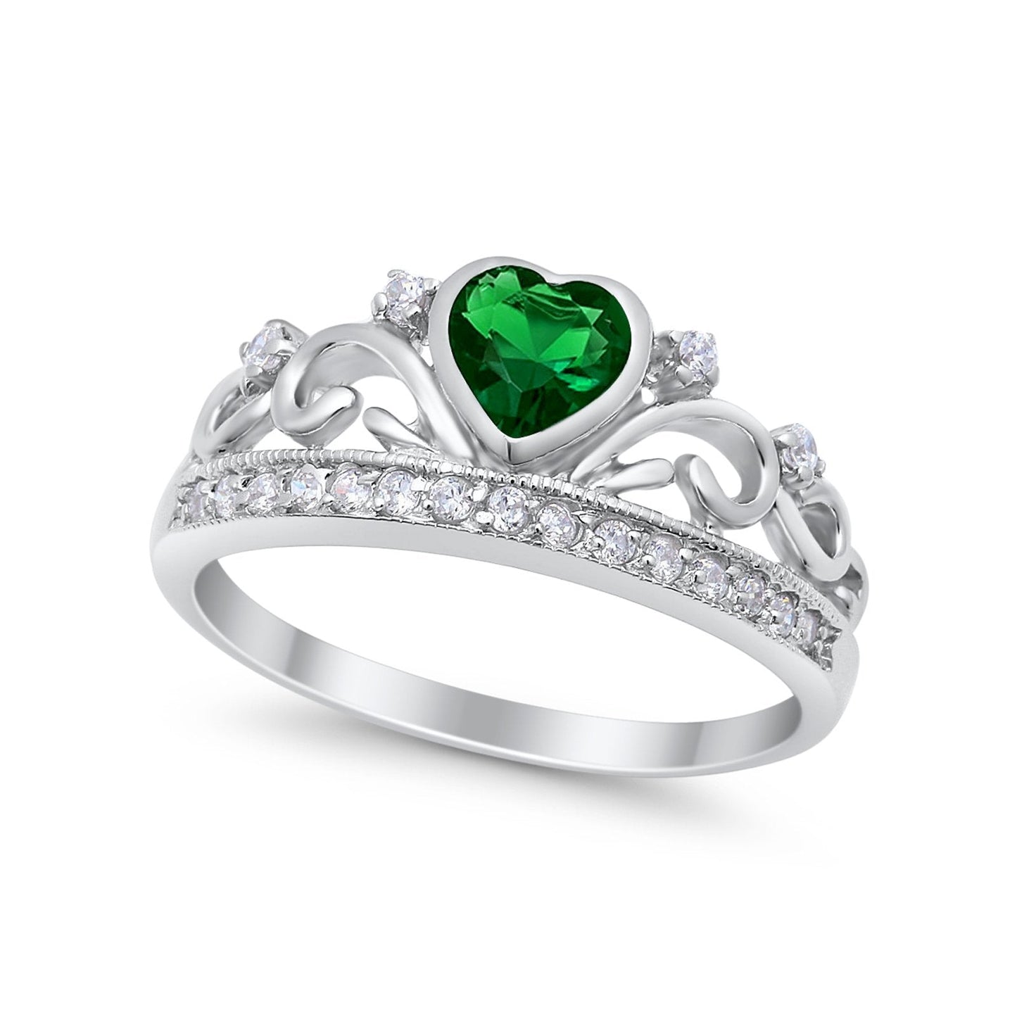 Heart Crown Ring Eternity Simulated Green Emerald CZ