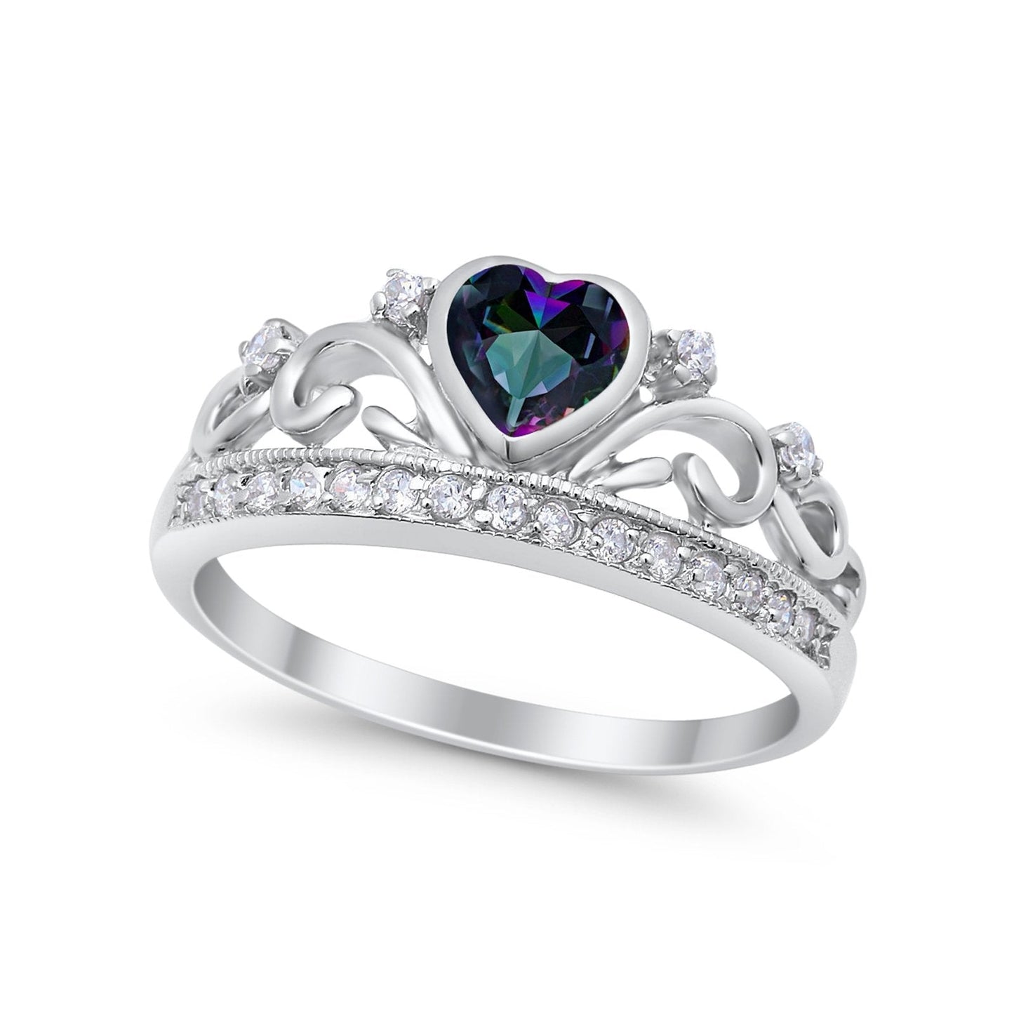 Heart Crown Ring Eternity Simulated Rainbow CZ