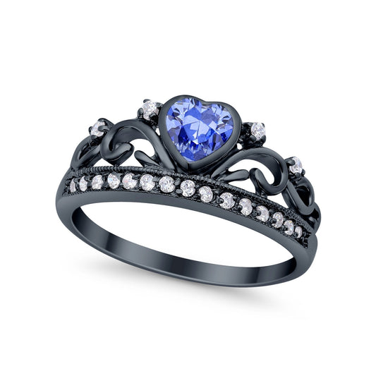 Heart Crown Ring Eternity Black Tone, Simulated Tanzanite CZ