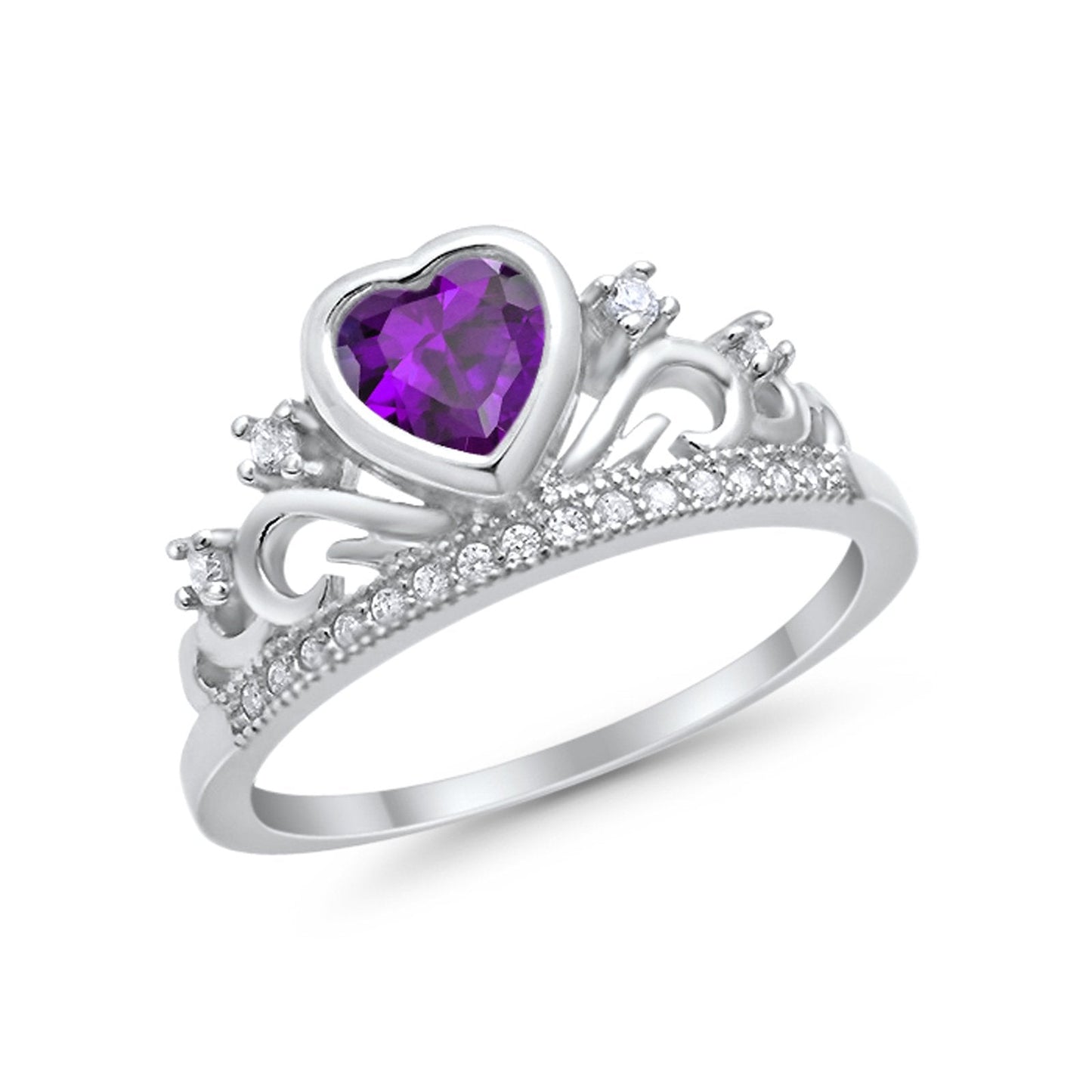 Heart Crown Ring Eternity Simulated Amethyst CZ