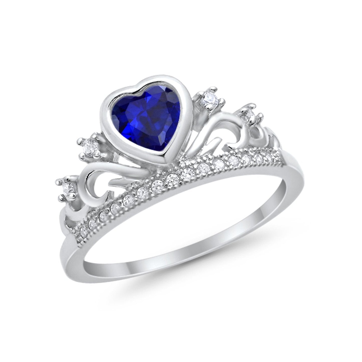 Heart Crown Ring Eternity Simulated Blue Sapphire CZ Round