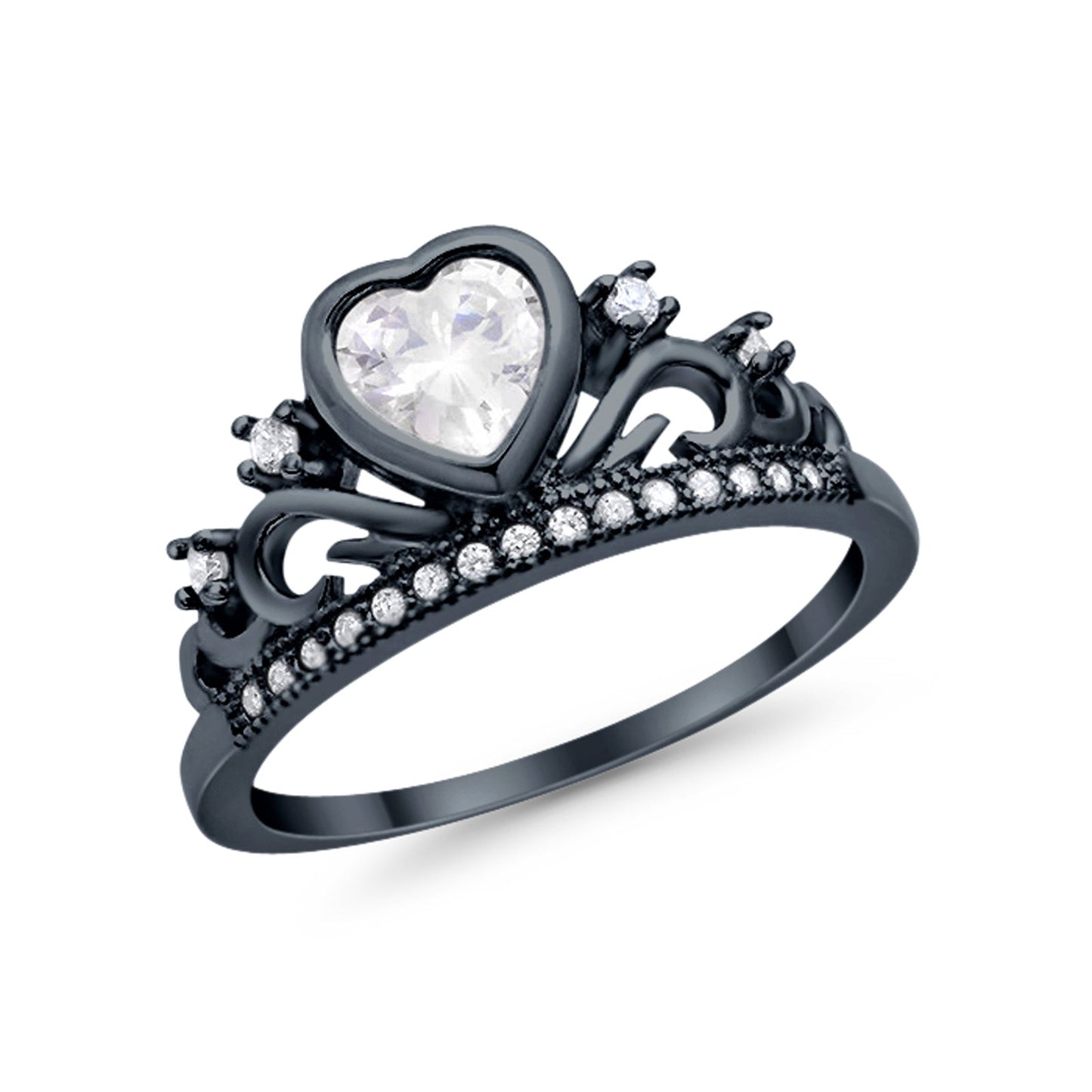 Heart Crown Ring Eternity Black Tone, Simulated Cubic Zirconia