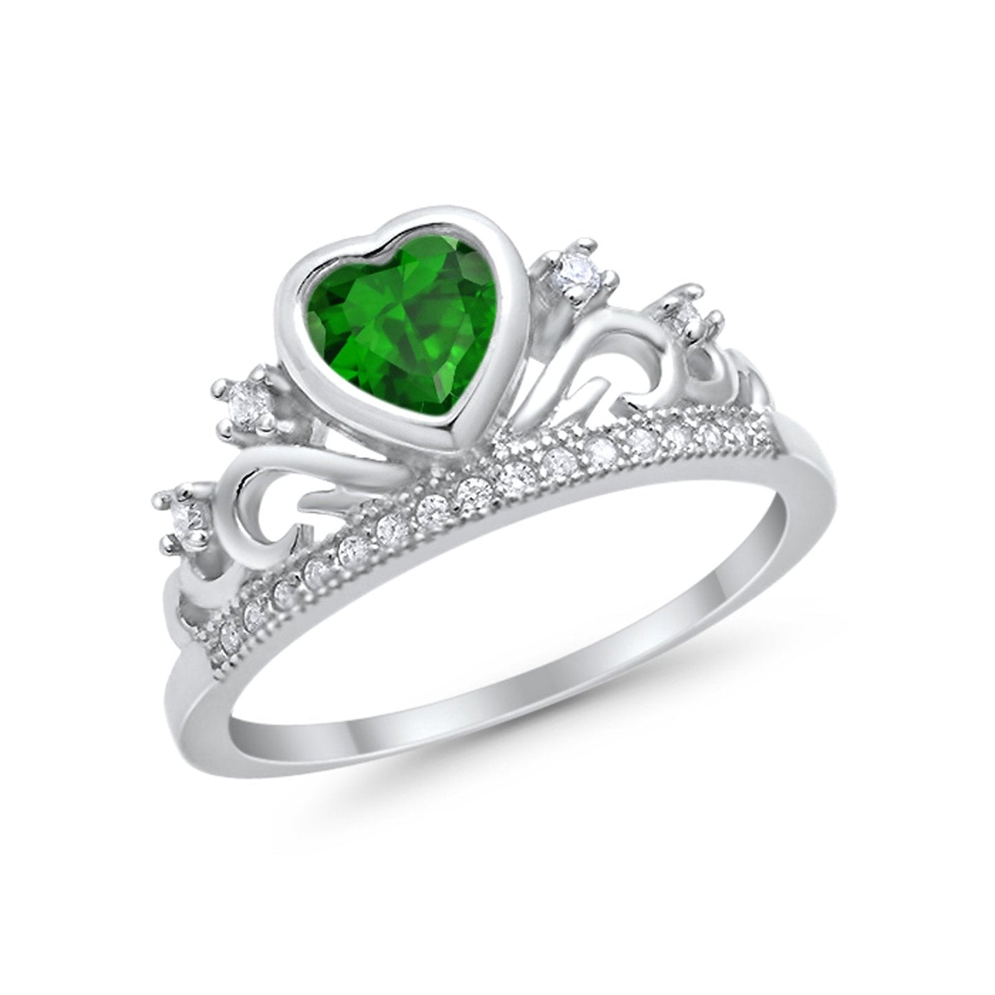 Heart Crown Ring Eternity Simulated Green Emerald CZ