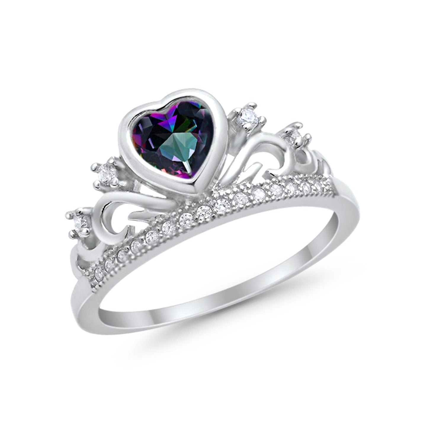 Heart Crown Ring Eternity Simulated Rainbow CZ