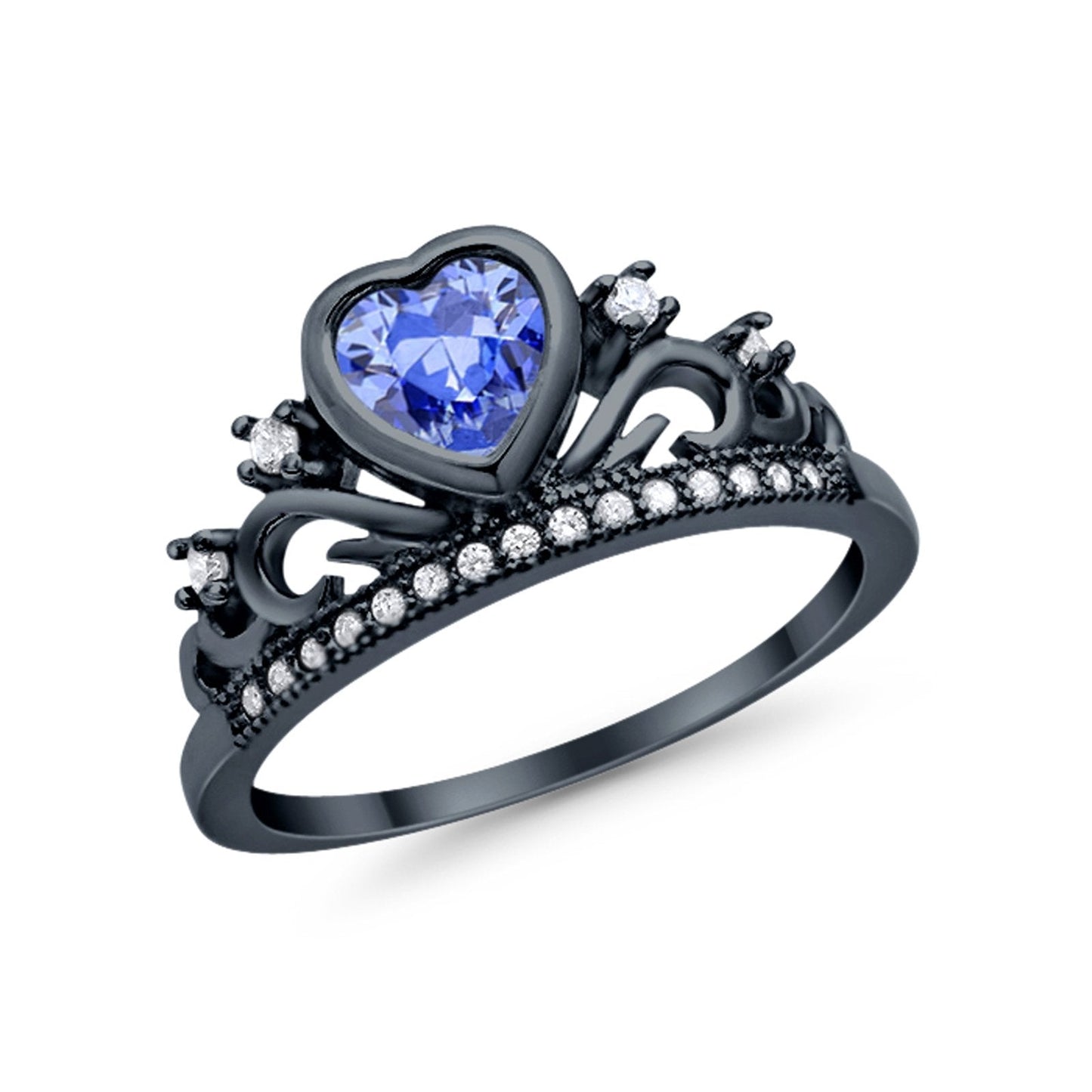 Heart Crown Ring Eternity Black Tone, Simulated Tanzanite CZ