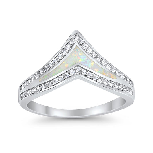 Lab Created White Opal Round CZ Chevron Midi V Ring