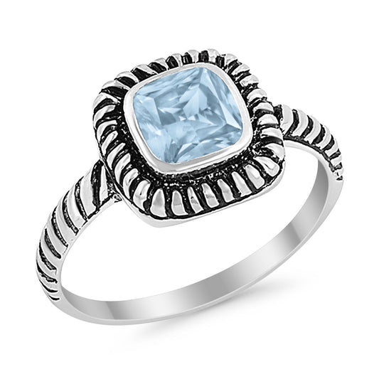 Princess Cut Simulated Aquamarine Cubic Zirconia Oxidized Design Ring