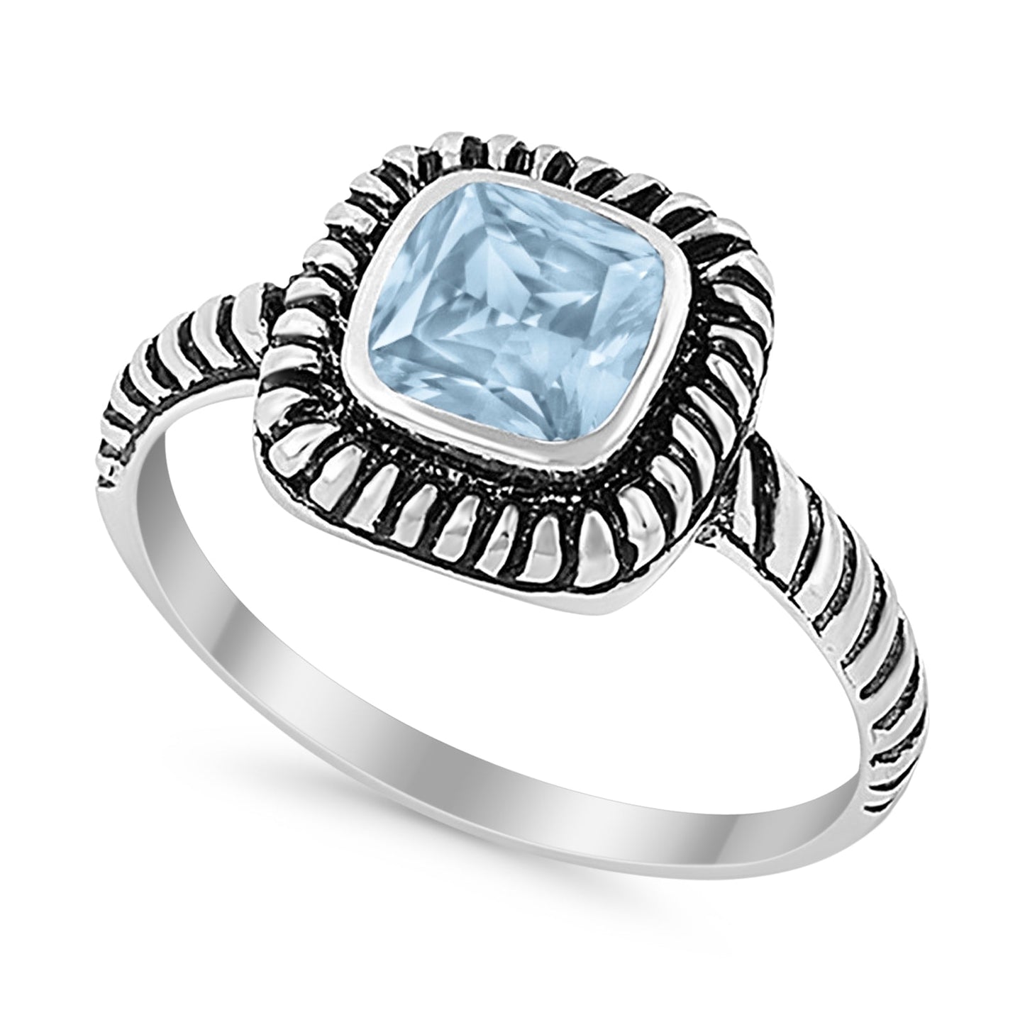 Princess Cut Simulated Aquamarine Cubic Zirconia Oxidized Design Ring