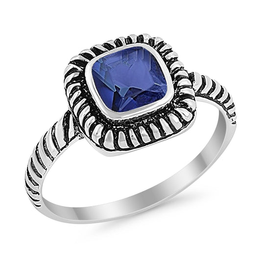 Princess Cut Simulated Blue Sapphire Cubic Zirconia Oxidized Design Ring