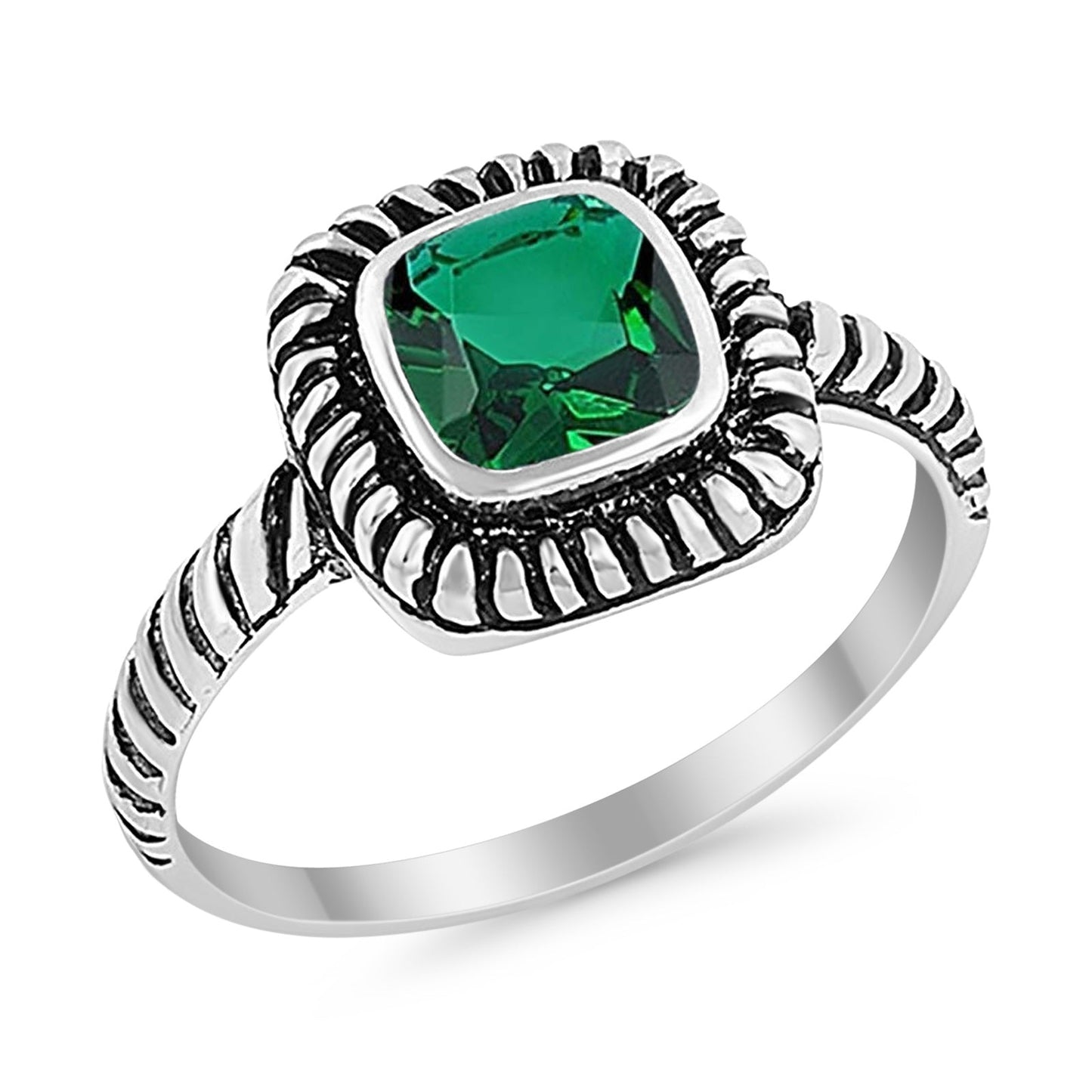 Princess Cut Simulated Green Emerald Cubic Zirconia Oxidized Design Ring