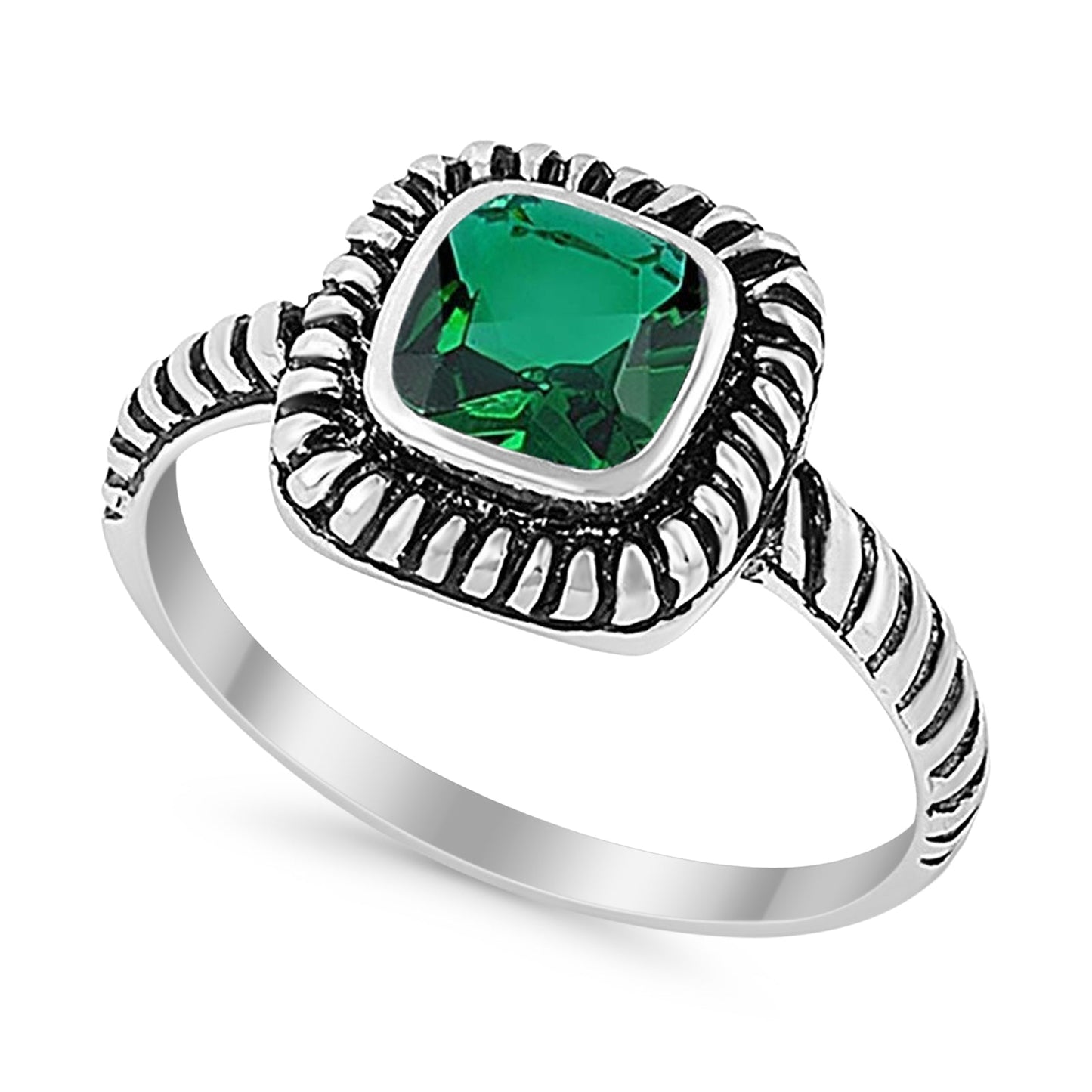 Princess Cut Simulated Green Emerald Cubic Zirconia Oxidized Design Ring