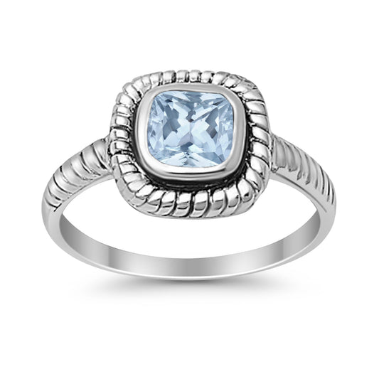 Princess Cut Simulated Aquamarine Cubic Zirconia Oxidized Design Ring