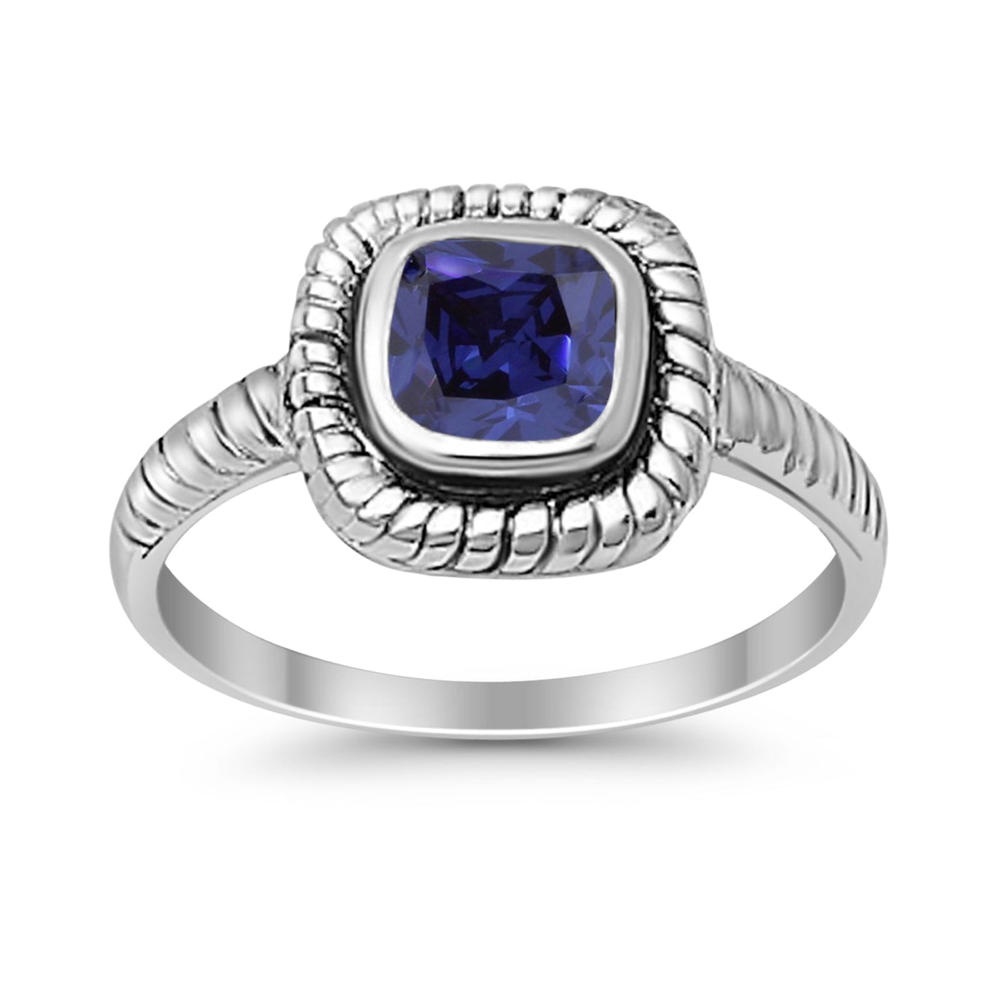 Princess Cut Simulated Blue Sapphire Cubic Zirconia Oxidized Design Ring