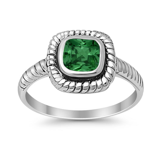 Princess Cut Simulated Green Emerald Cubic Zirconia Oxidized Design Ring