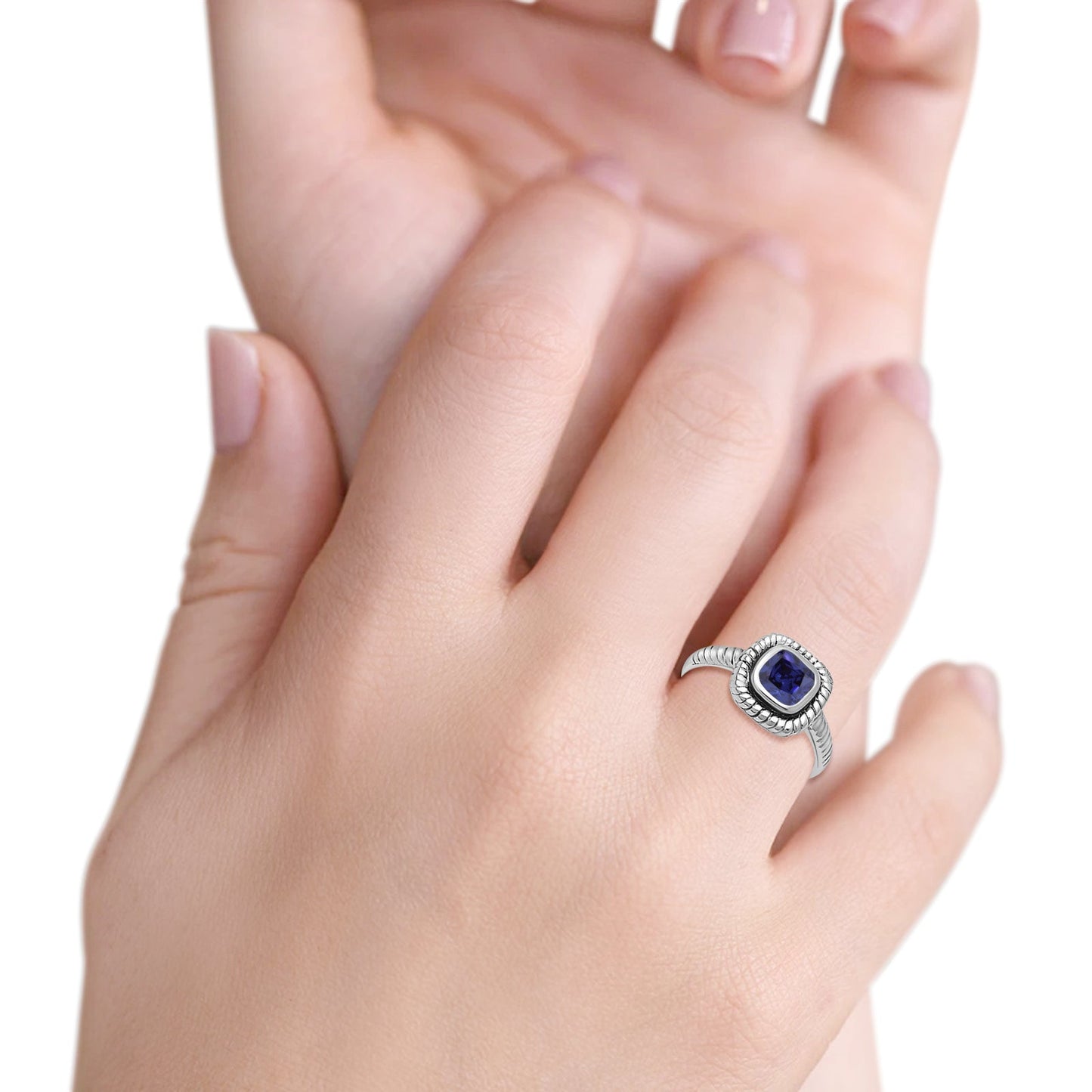 Princess Cut Simulated Blue Sapphire Cubic Zirconia Oxidized Design Ring