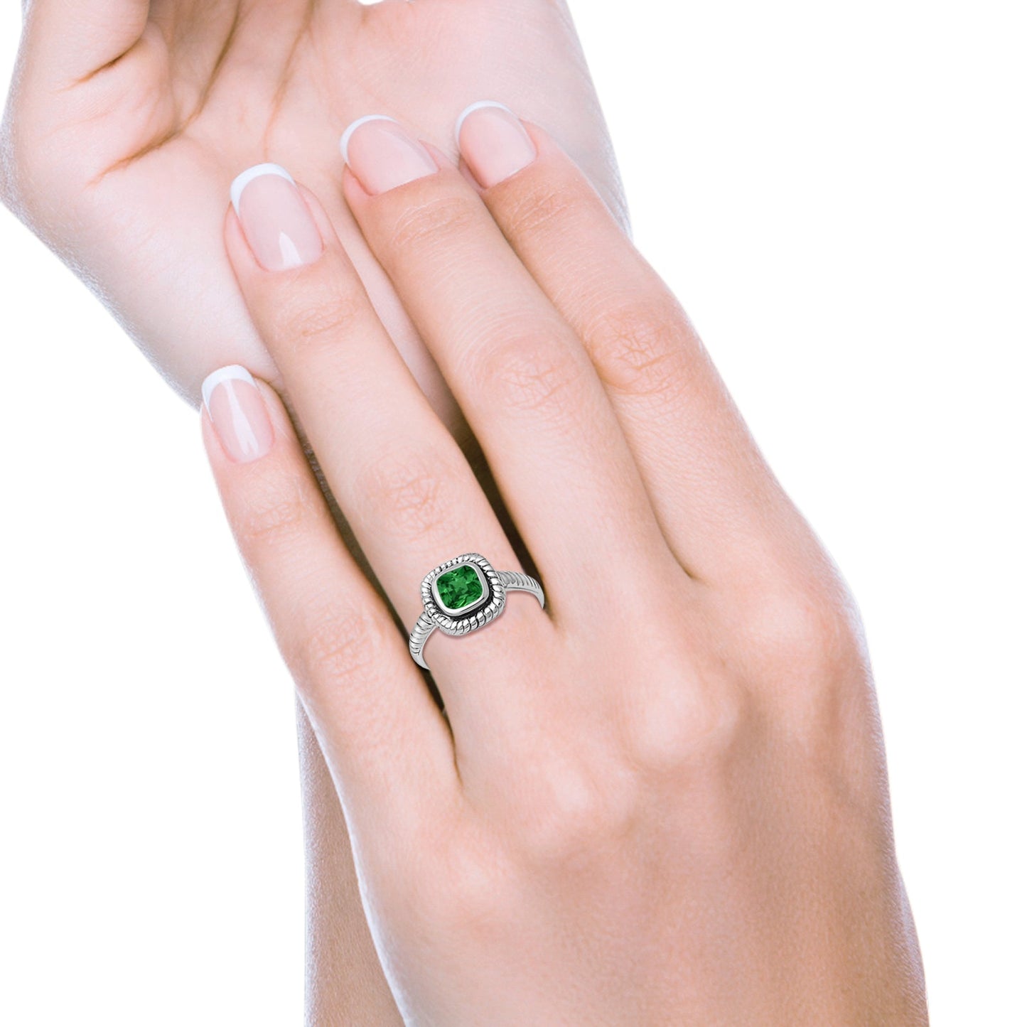 Princess Cut Simulated Green Emerald Cubic Zirconia Oxidized Design Ring