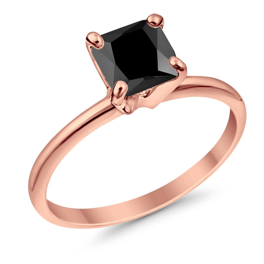 Solitaire Princess Cut Simulated Black Cubic Zirconia Rose Tone Wedding Ring