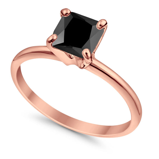 Solitaire Princess Cut Simulated Black Cubic Zirconia Rose Tone Wedding Ring