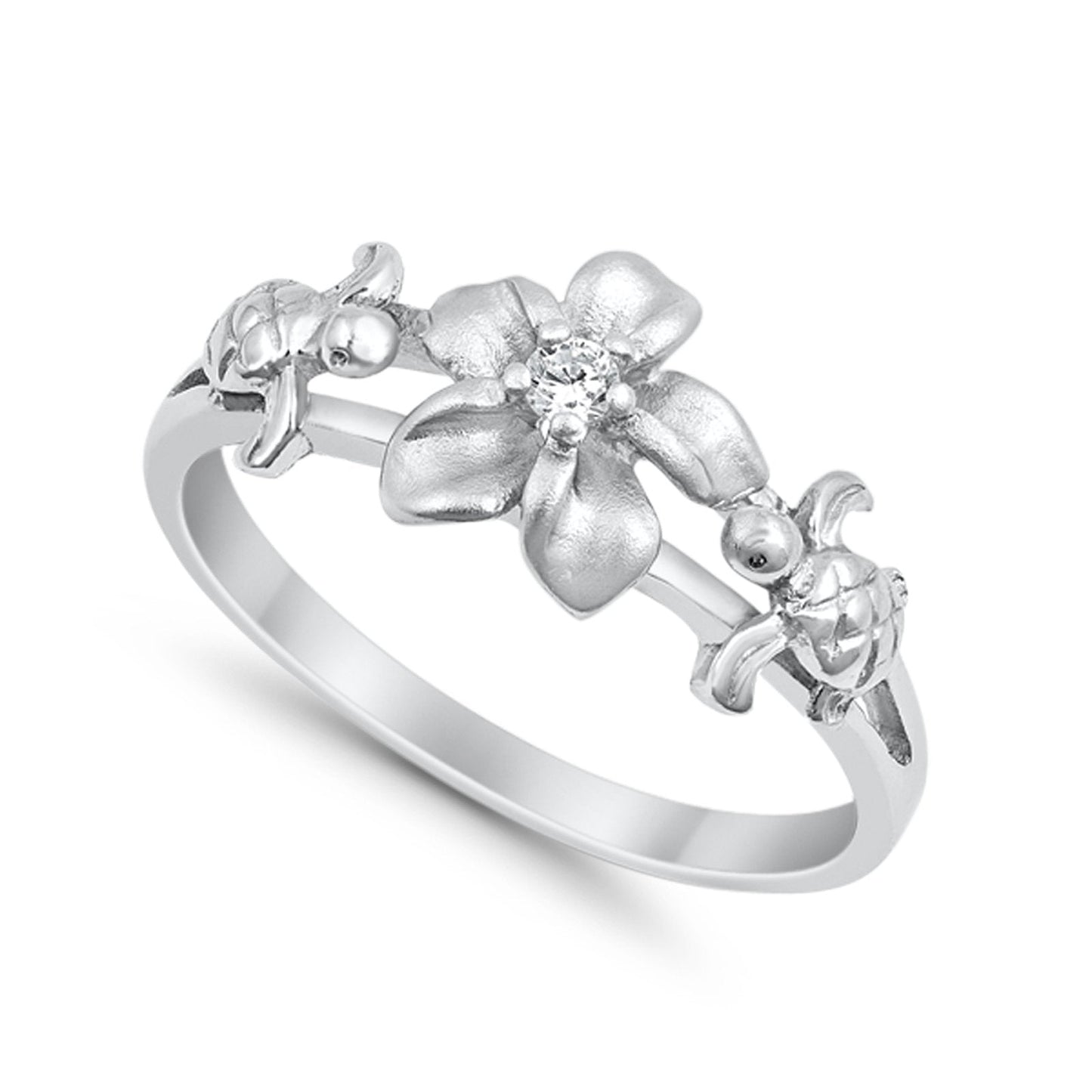 Two Hawaiian Turtle Plumeria Flower CZ Ring