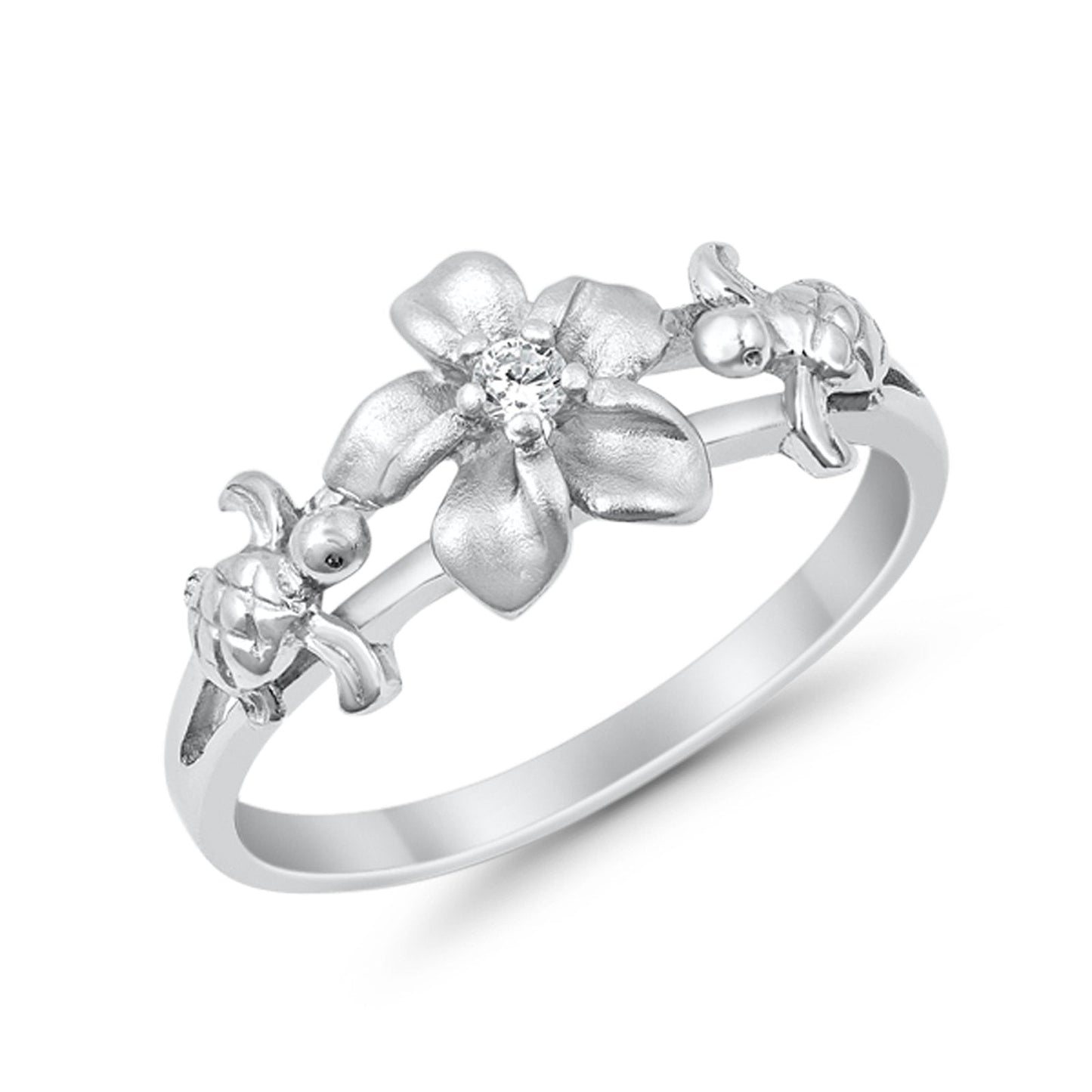 Two Hawaiian Turtle Plumeria Flower CZ Ring