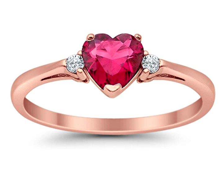 Promise Ring Heart Shaped Rose Tone, Simulated Ruby CZ