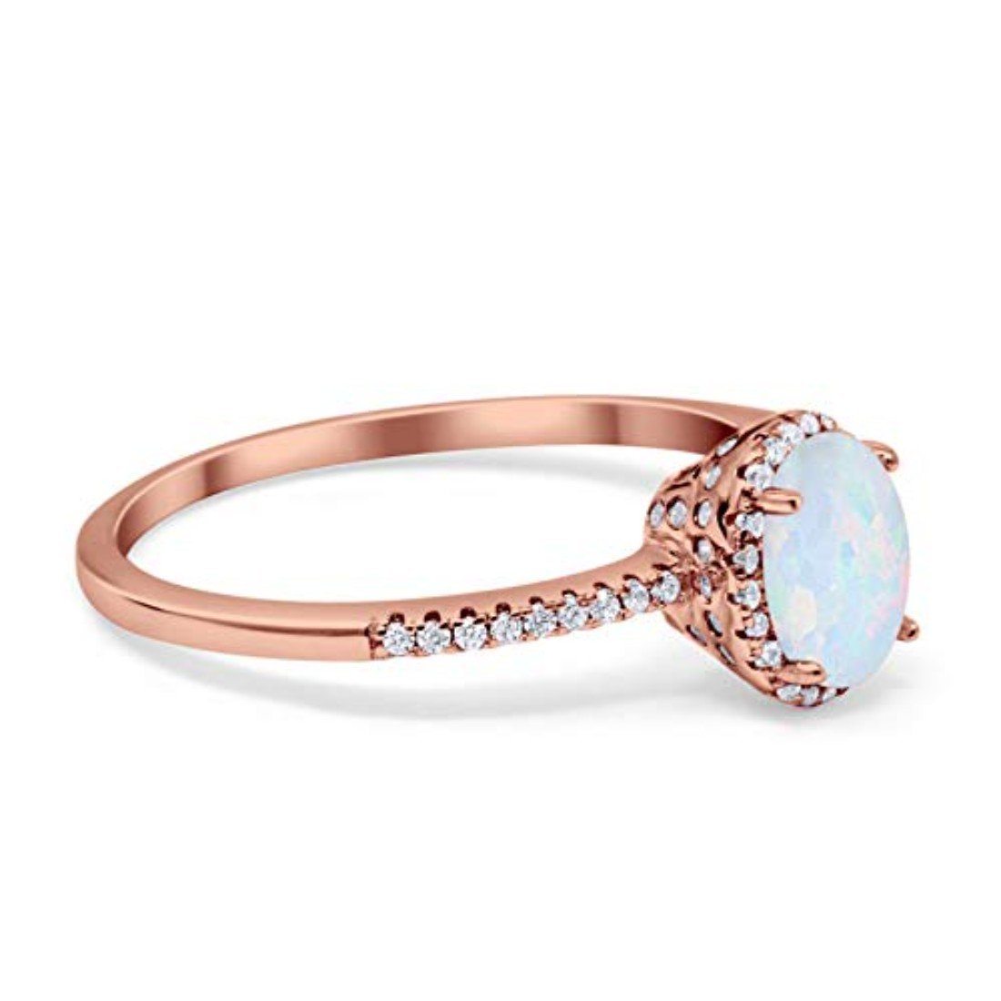 Halo Fashion Ring Oval Rose Tone, Lab Created White Opal Accent