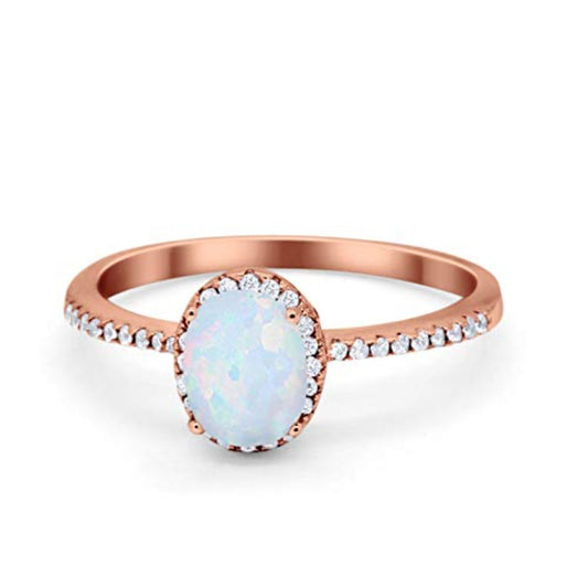 Halo Fashion Ring Oval Rose Tone, Lab Created White Opal Accent