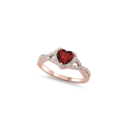 Halo Infinity Shank Rose Tone, Simulated Garnet CZ Heart Promise Ring