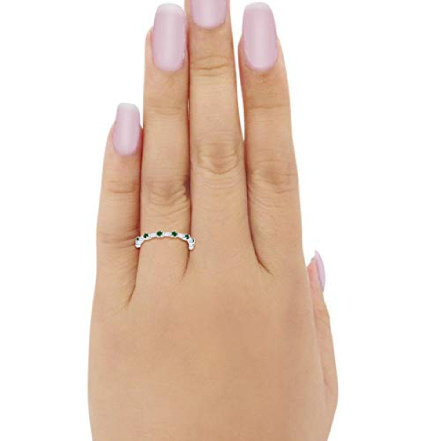 Full Eternity Wedding Band Round Baguette Simulated Green Emerald CZ