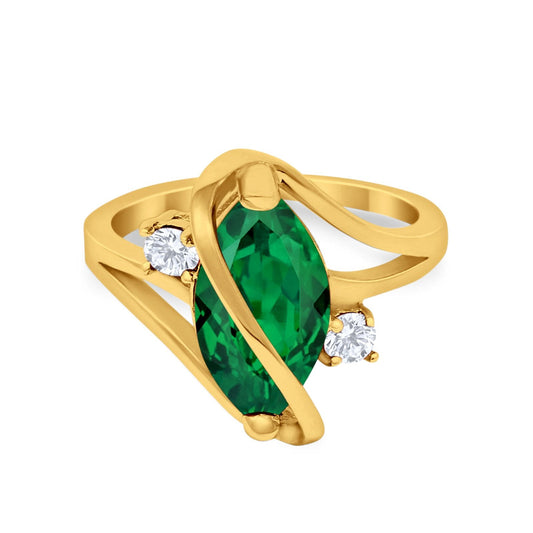 Swirl Fashion Ring Marquise Yellow Tone, Simulated Green Emerald CZ