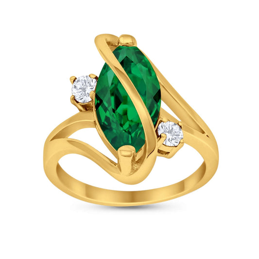 Swirl Fashion Ring Marquise Yellow Tone, Simulated Green Emerald CZ