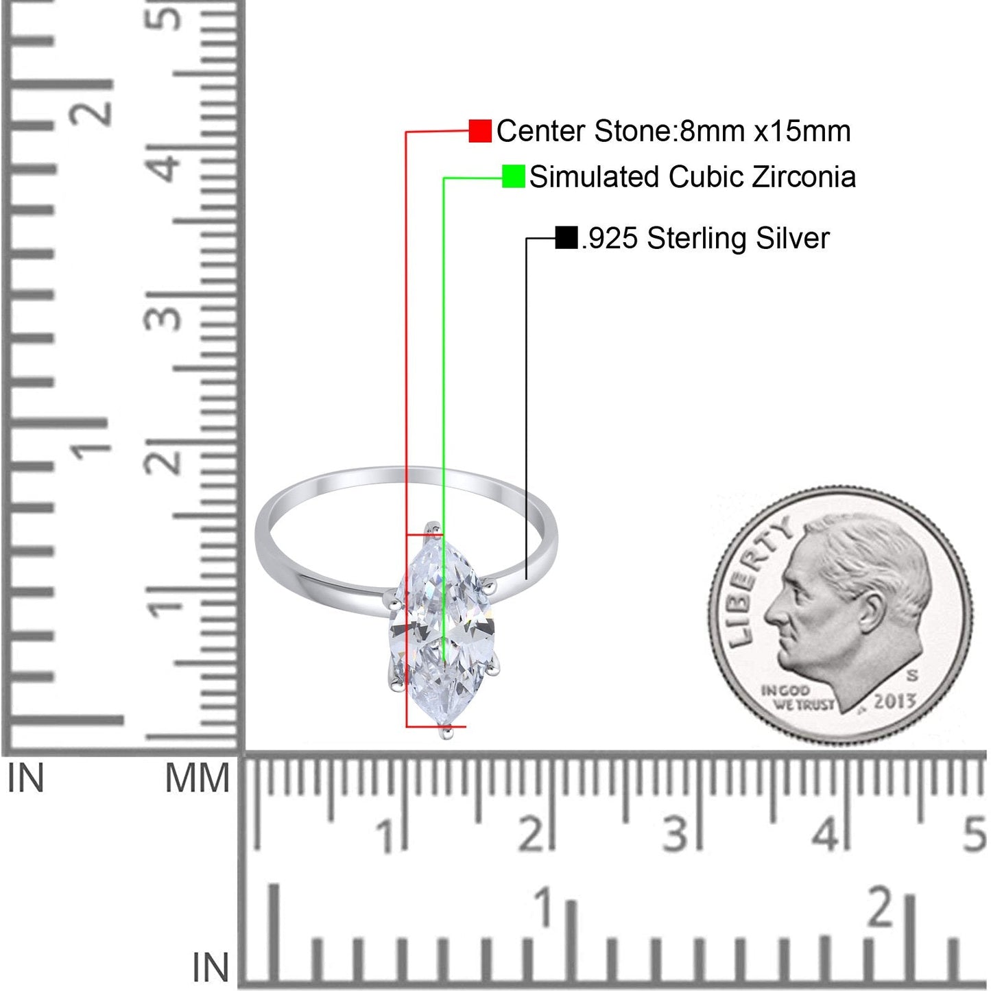 Solitaire Wedding Ring Marquise Simulated Cubic Zirconia 925 Sterling Silver