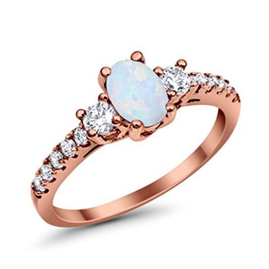 Oval Rose Tone, Lab Created White Opal Wedding Ring