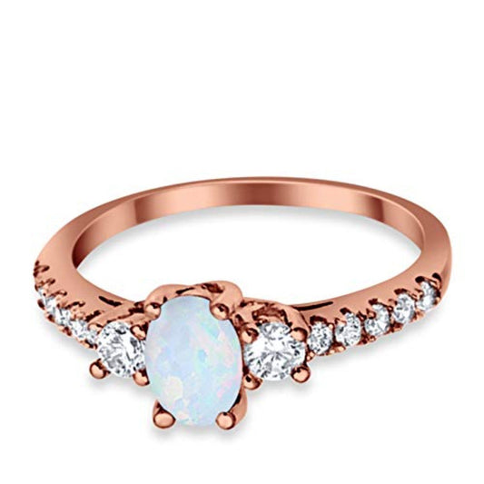 Oval Rose Tone, Lab Created White Opal Wedding Ring