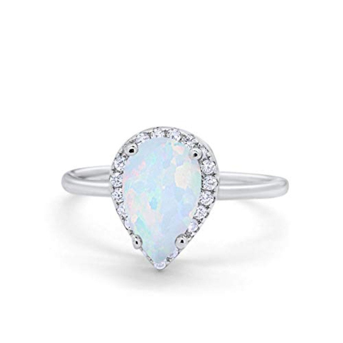 Halo Teardrop Wedding Ring Round Lab Created White Opal