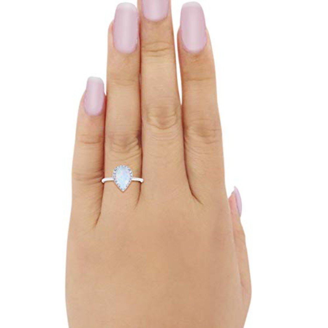 Halo Teardrop Wedding Ring Round Lab Created White Opal