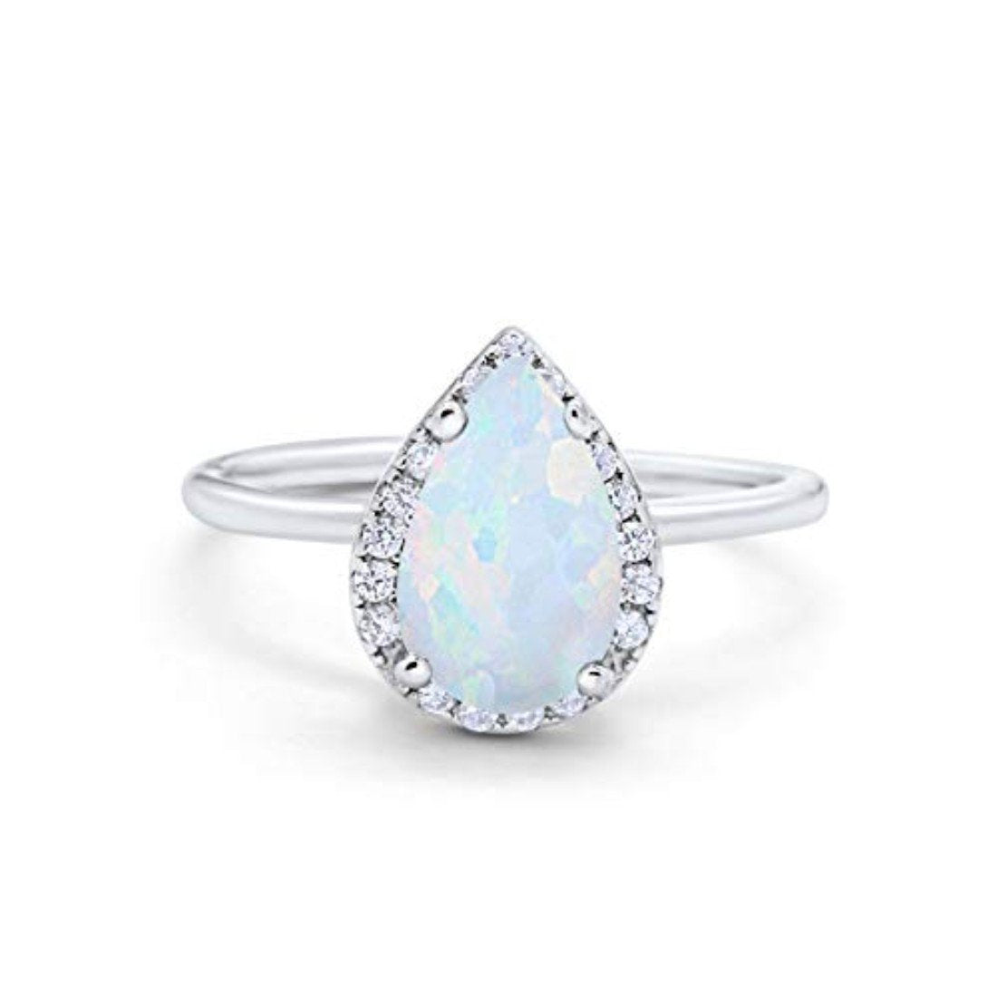 Halo Teardrop Wedding Ring Round Lab Created White Opal