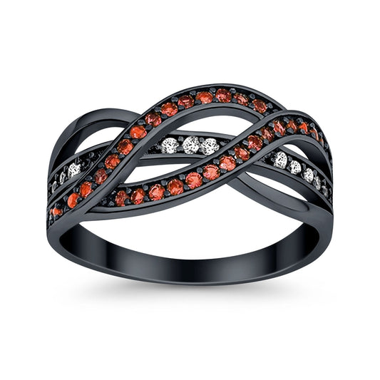 Half Eternity Weave Knot Ring Round Black Tone, Simulated Garnet CZ