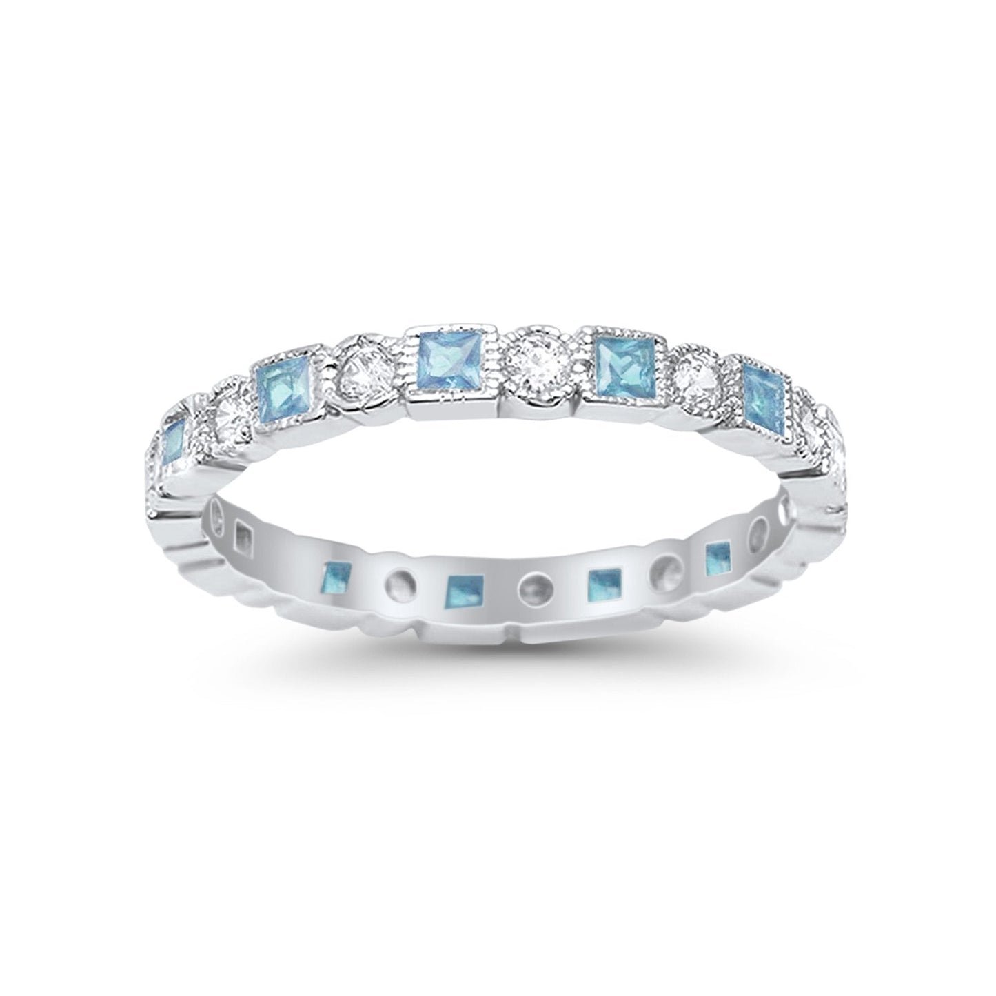 Bezel Set Eternity Ring Alternating Simulated Aquamarine CZ